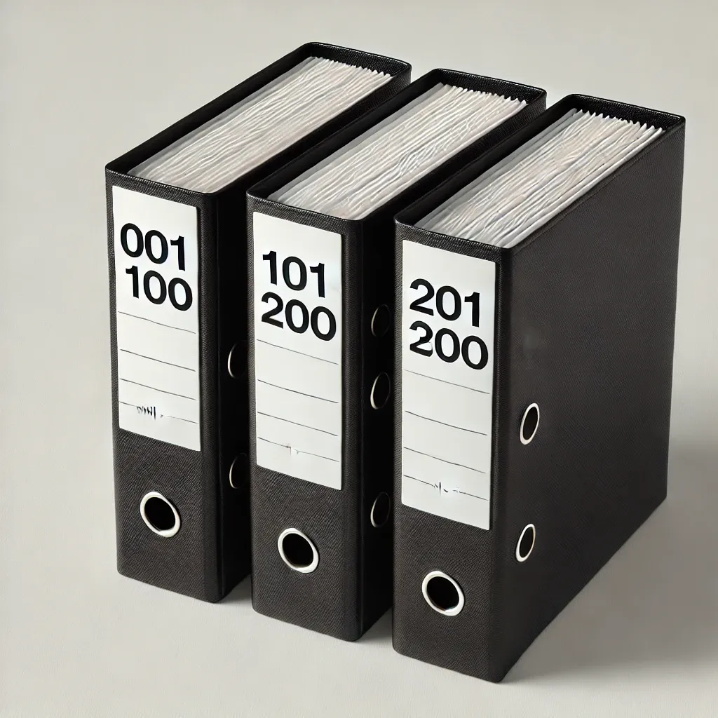 Binders of DVDs with labels on the side, numbering 001 - 100, 101 - 200, and 201 - 300.